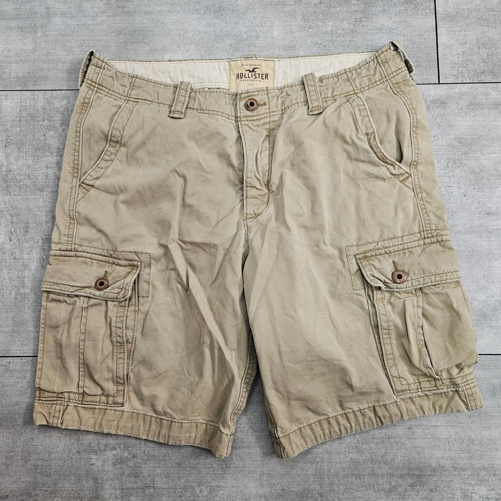 Hollister Mens Cargo Shorts Tan Khaki Cotton Twill Size 36 Casual Summer Pockets